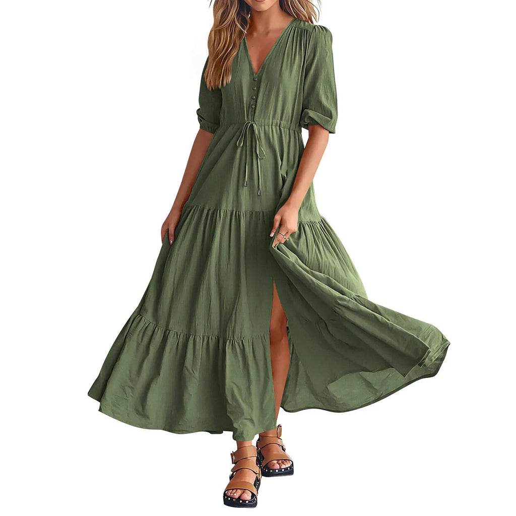 Tiered Drawstring Maxi Dress with Relaxed Flowing Contemporary Silhouette