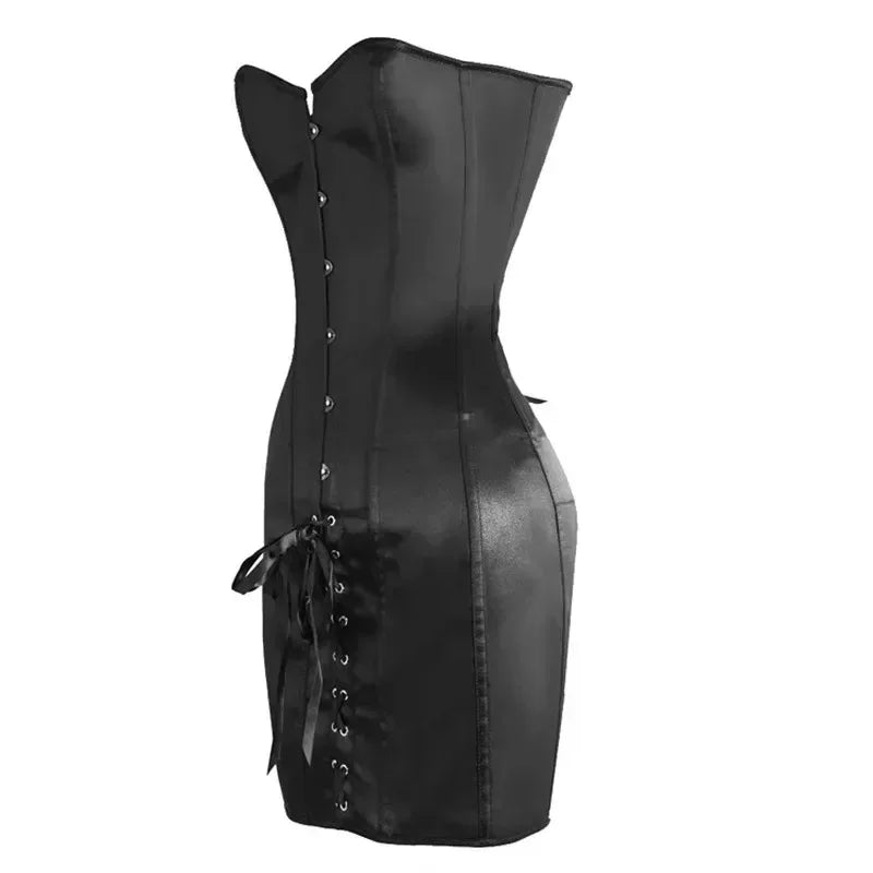Sleek Black Satin Long-Torso Corset Dress with Front Busk and Lace-Up Detail