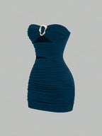 Strapless Ruched Bodycon Mini Dress with Metallic Accent Contemporary Silhouette