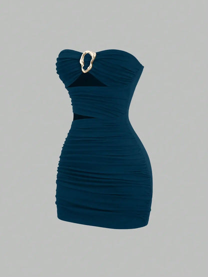 Strapless Ruched Bodycon Mini Dress with Metallic Accent Contemporary Silhouette