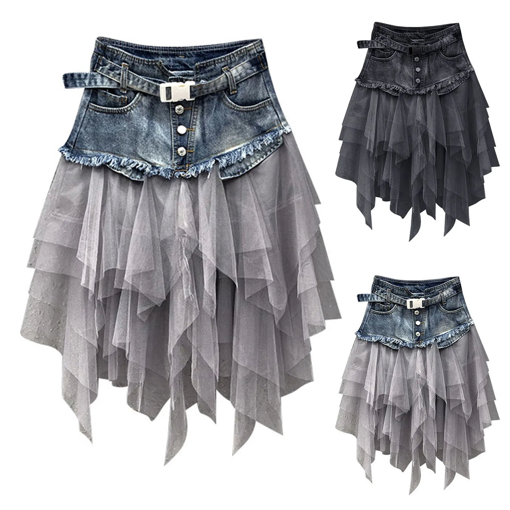 Denim Layered Mesh Asymmetrical Mini Skirt High Waist Alternative Fashion Bottom