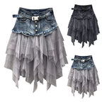 Denim Layered Mesh Asymmetrical Mini Skirt High Waist Alternative Fashion Bottom