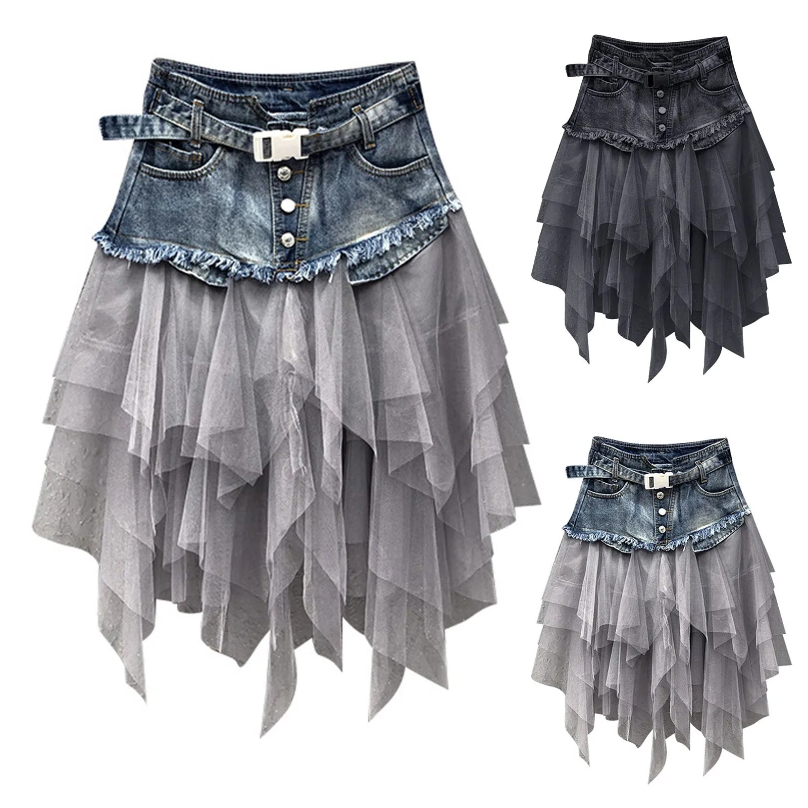 Denim Layered Mesh Asymmetrical Mini Skirt High Waist Alternative Fashion Bottom
