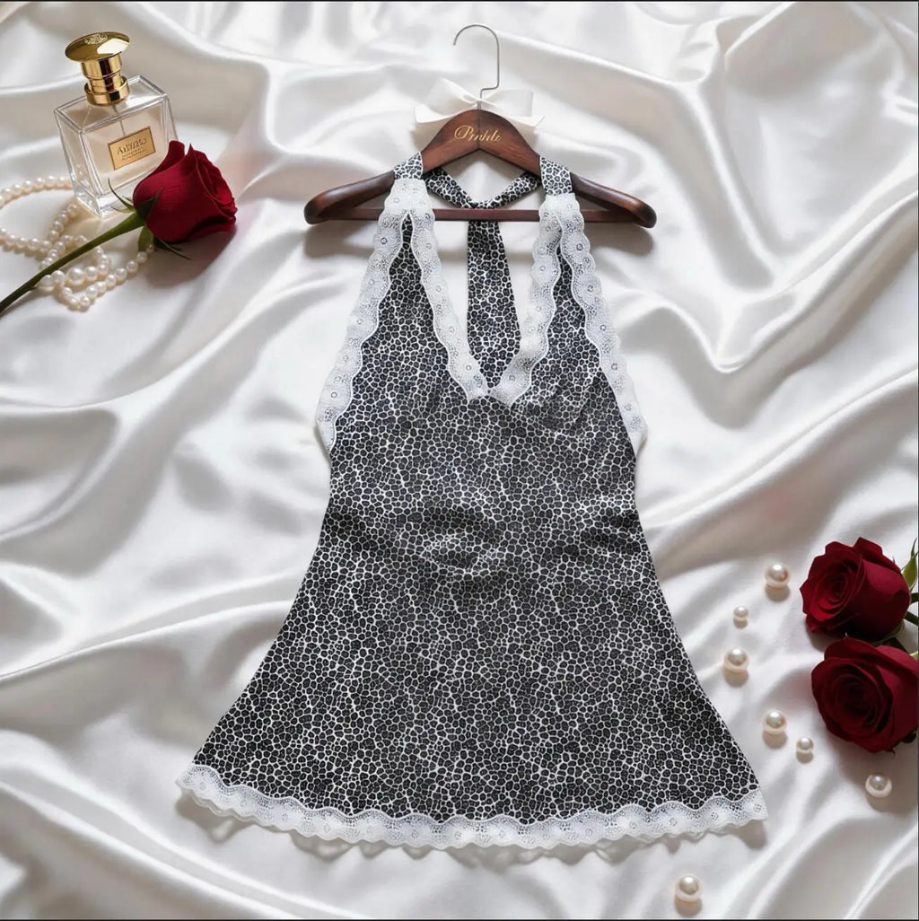Plunging Halter-Neck Animal Print Mini Dress with White Scalloped Lace
