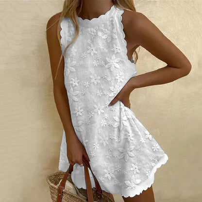 Textured Floral Lace A Line Mini Dress with Sleeveless Summer Silhouette