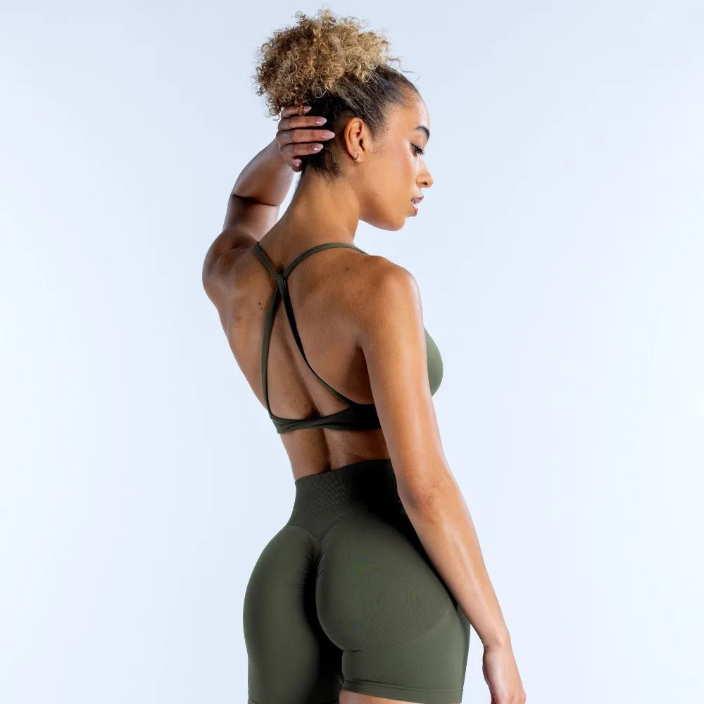 Olive Green Strappy Open-Back Sports Bra with Scoop Neckline