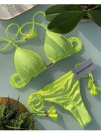 Soft Periwinkle Triangle Bikini Set with Two-Tone Twisted Rope and Tassel Details
