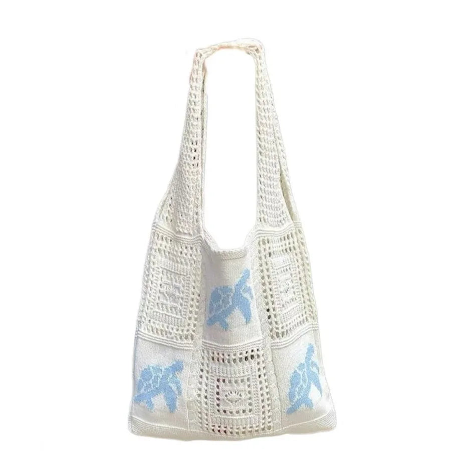 Open Knit Tote Shoulder Bag with Large Capacity Casual Design