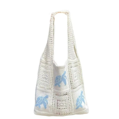 Open Knit Tote Shoulder Bag with Large Capacity Casual Design