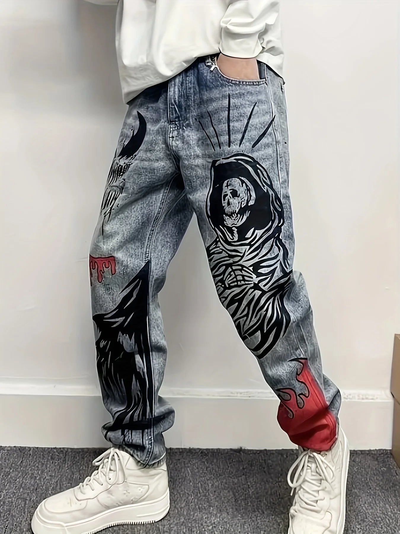 Men's Loose Fit Straight Leg Washed Denim Jeans with Artistic Graphic Streetwear Style