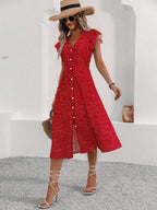 V-Neck Button Front Midi Dress with Side Slit and Puff Sleeves