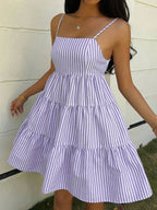 Striped Camisole Tiered Mini Dress With Square Neck And Flowy A-Line Fit