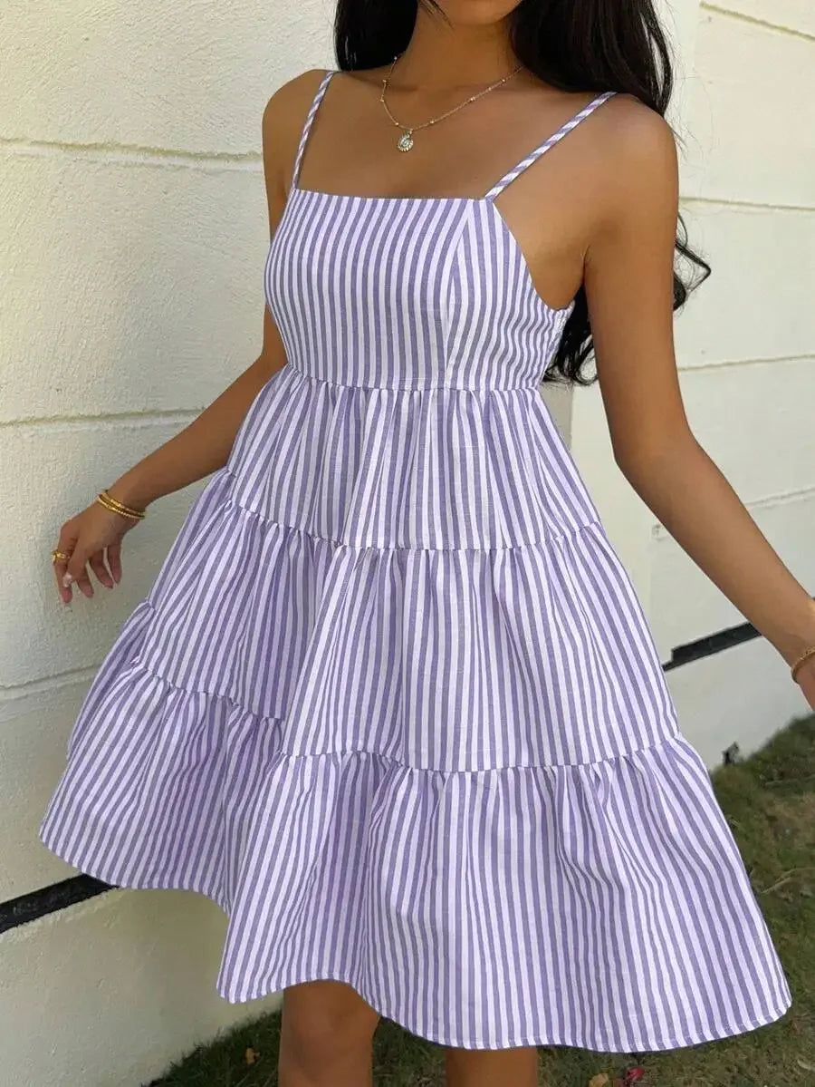 Striped Camisole Tiered Mini Dress With Square Neck And Flowy A-Line Fit