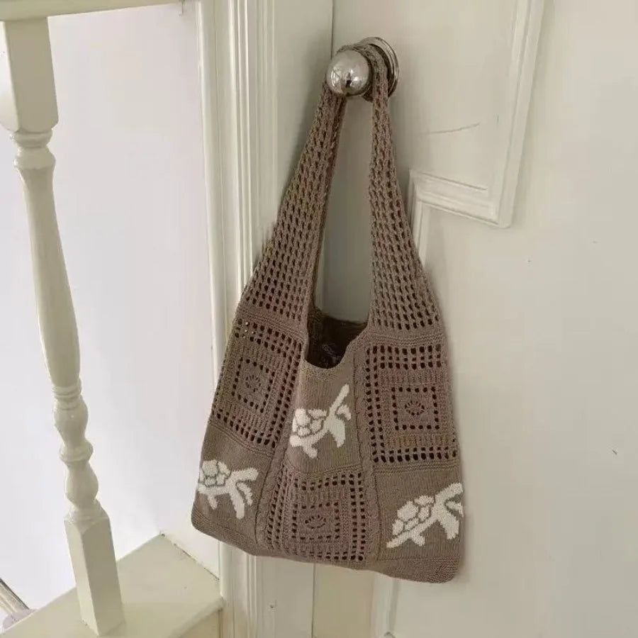Open Knit Tote Shoulder Bag with Large Capacity Casual Design