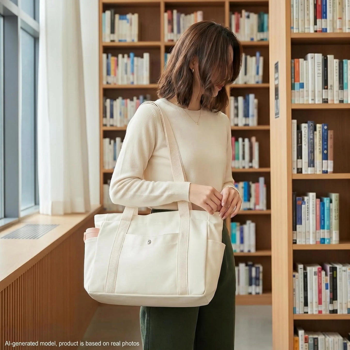 Multi Pocket Canvas Tote Shoulder Bag with Zip Closure Design