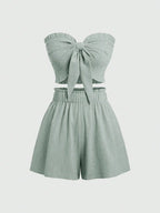 Front Knot Strapless Top and Shorts Summer Casual Co-Ord Set