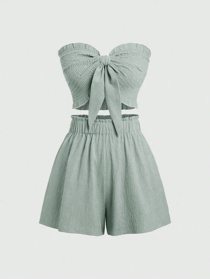Front Knot Strapless Top and Shorts Summer Casual Co-Ord Set