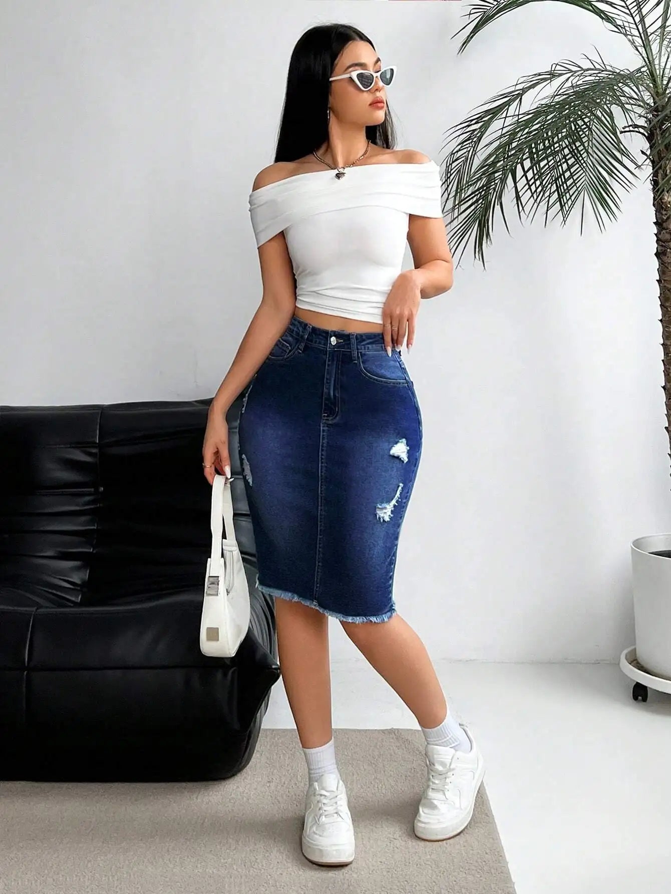 Distressed Stretch Denim Pencil Skirt with Frayed Hem Streetwear Styling