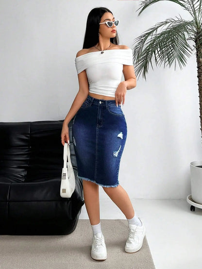 Distressed Stretch Denim Pencil Skirt with Frayed Hem Streetwear Styling