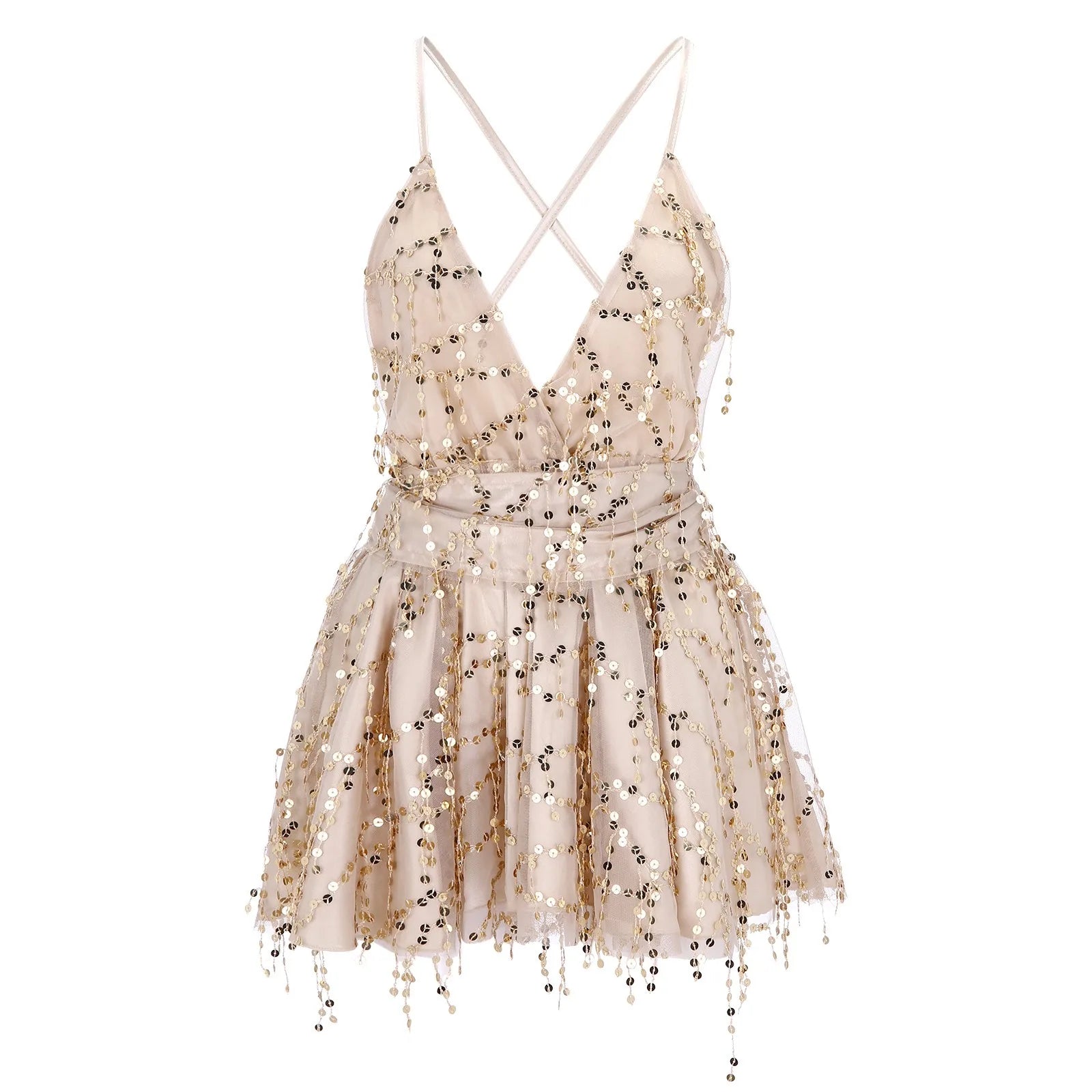 Embellished Halter Mini Dress with Fringe Hem and Partywear Silhouette