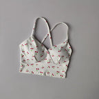 Playful Cherry Print Longline Sports Bra with Criss-Cross Open Back