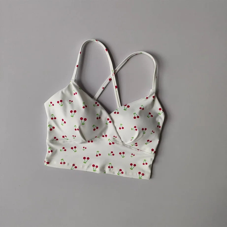 Playful Cherry Print Longline Sports Bra with Criss-Cross Open Back