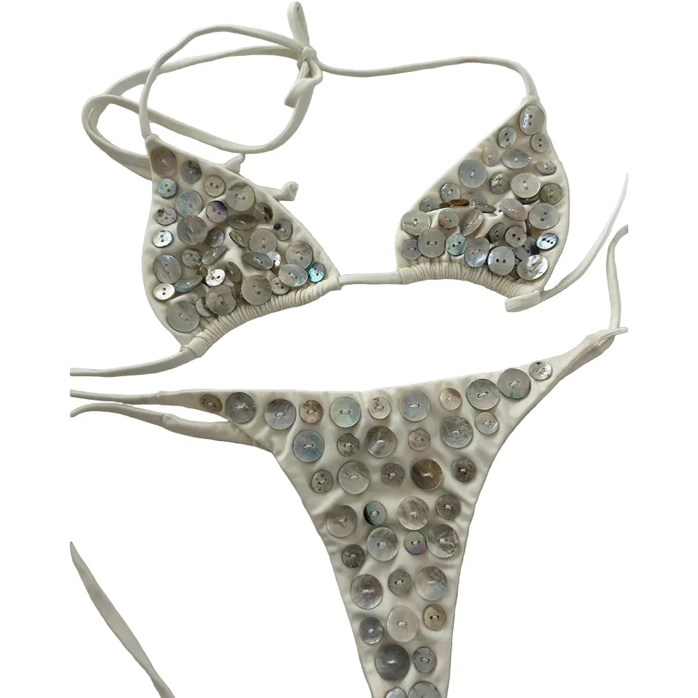 Glamorous Disc-Embellished Triangle String Bikini Set