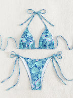 Vibrant Blue Tropical Print Triangle String Bikini