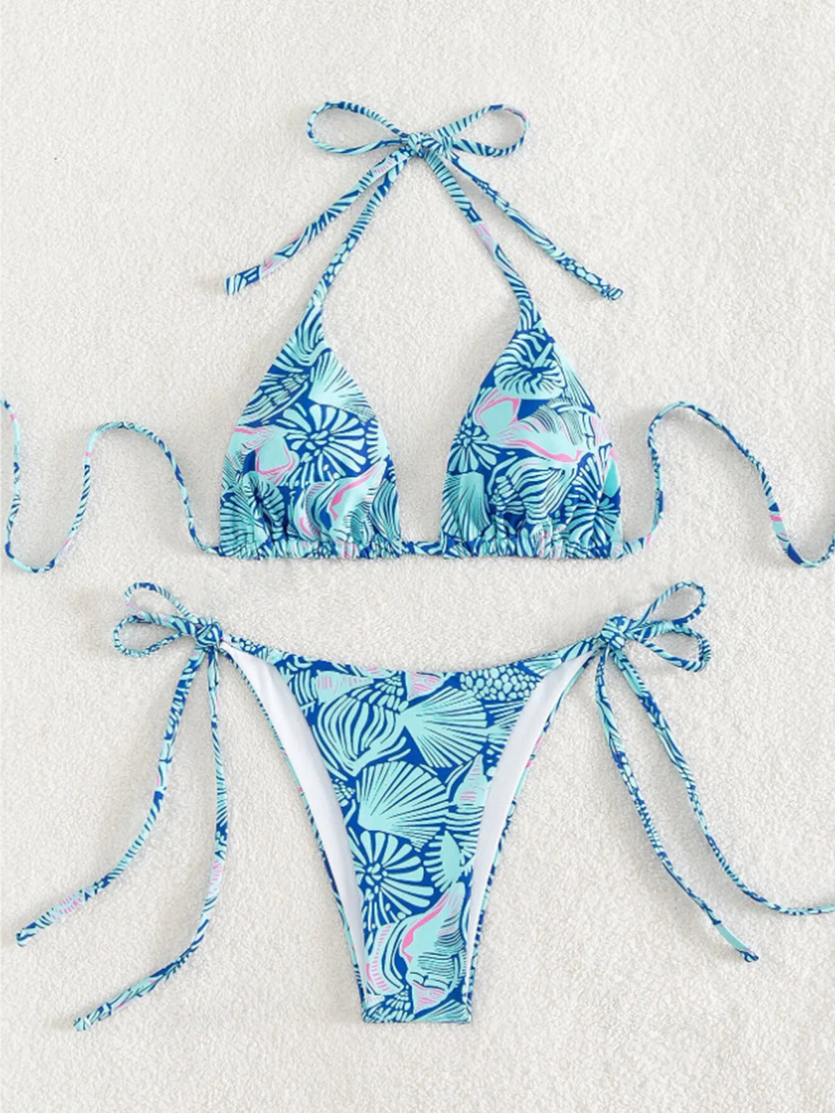 Vibrant Blue Tropical Print Triangle String Bikini