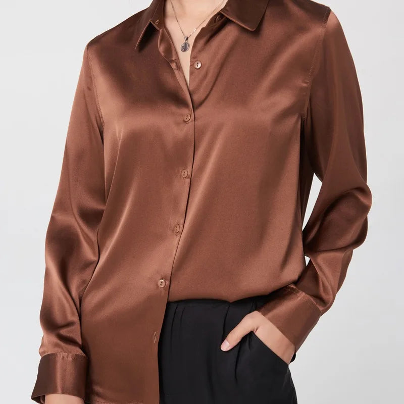 Elegant Navy Blue Silk-Blend Satin Button-Down Blouse