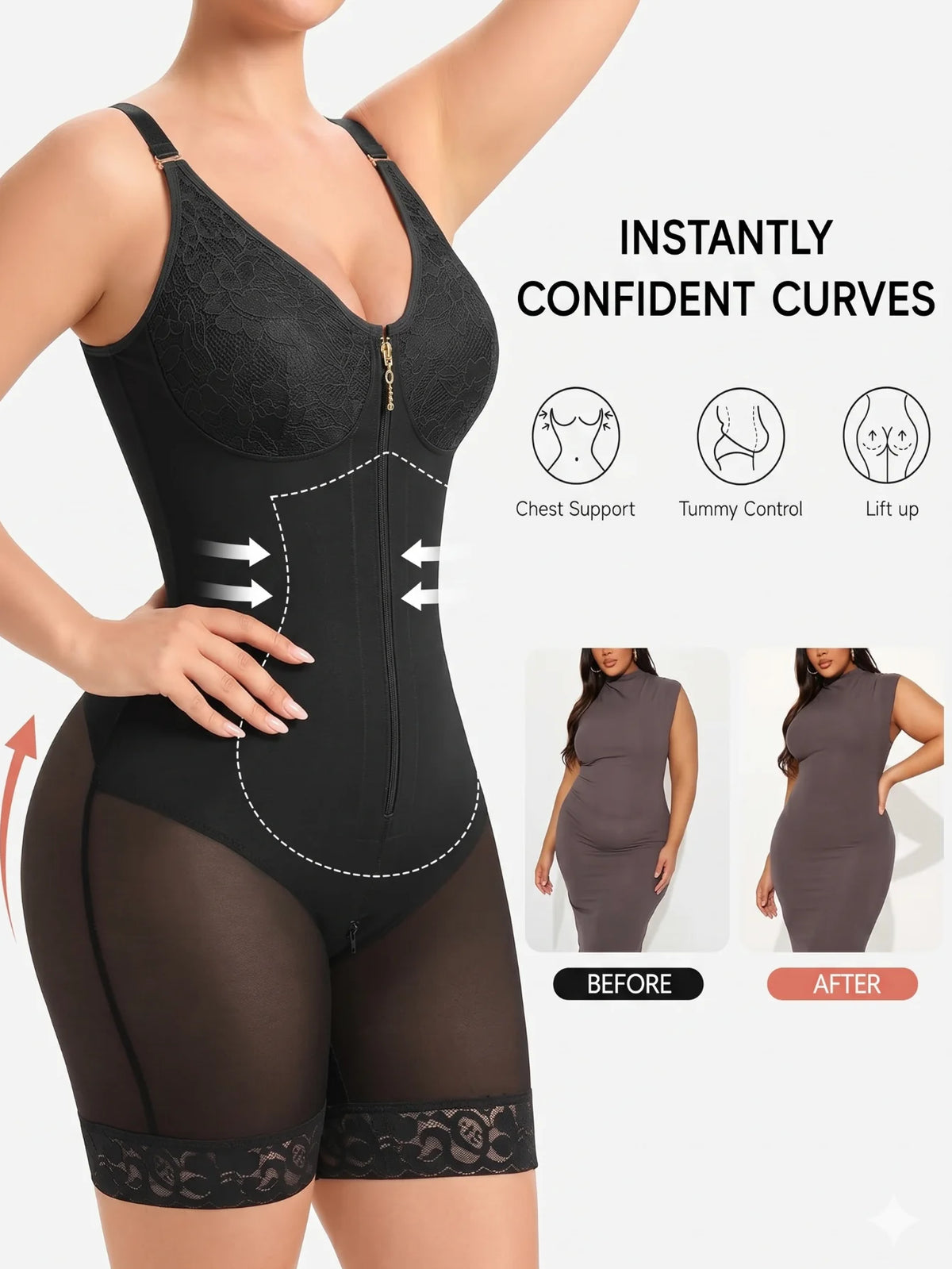 Sleek V-Neck Shaping Bodysuit with Dual Front Closure and Lace Details