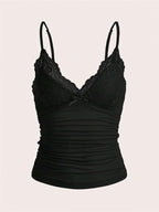 Lace Trim Bow Front Crop Cami with Ruched Slim Fit Streetwear Style