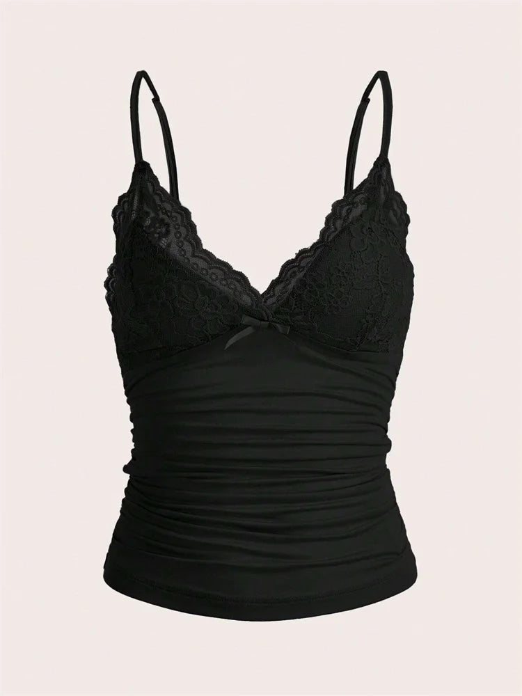 Lace Trim Bow Front Crop Cami with Ruched Slim Fit Streetwear Style