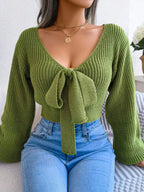 Women's V-Neck Bow Tie Front Cropped Knit Sweater With Relaxed Sleeves
