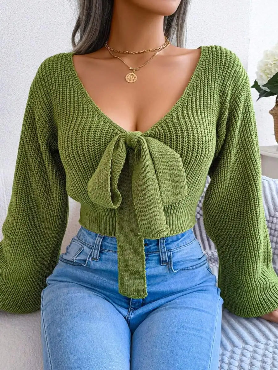 Women's V-Neck Bow Tie Front Cropped Knit Sweater With Relaxed Sleeves