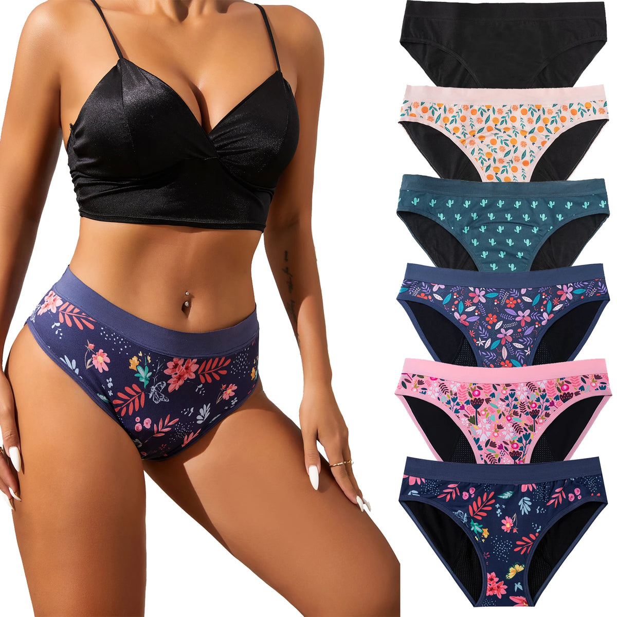 Three-Piece Floral Print Menstrual Brief Set with Contrast Waistbands