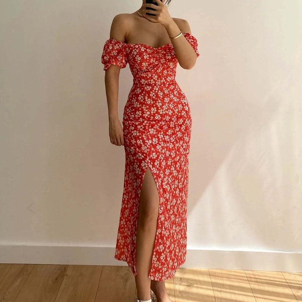 Off Shoulder Floral Maxi Dress with Side Slit and Bodycon Silhouette