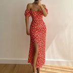 Off Shoulder Floral Maxi Dress with Side Slit and Bodycon Silhouette