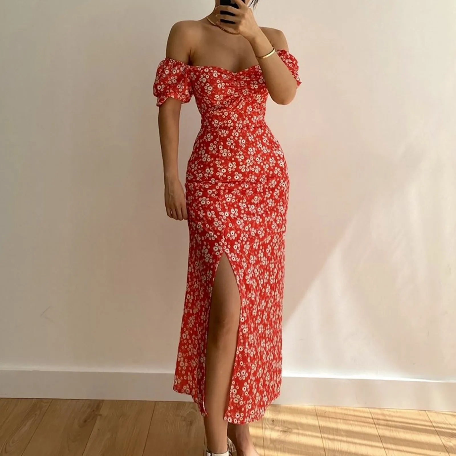 Off Shoulder Floral Maxi Dress with Side Slit and Bodycon Silhouette