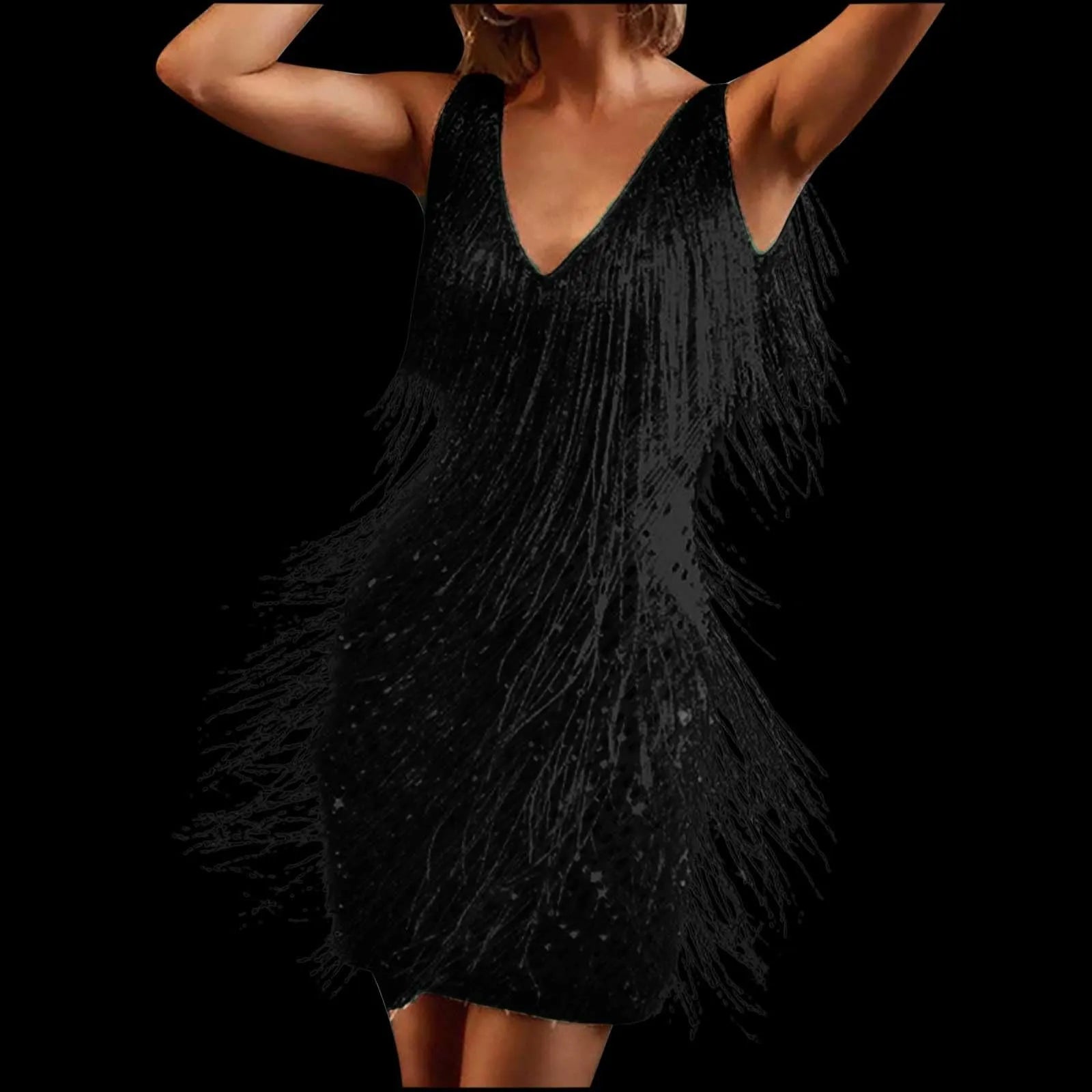Fringe Detail Sleeveless Mini Dress with Deep V-Neck Statement Silhouette