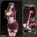 Sheer Plum Mesh and Lace Two-Piece Lingerie Set with Tie-Front Top and Attached Garters