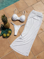 Three-Piece Bandeau Swimwear Set with Textured Bikini and Flowing Maxi Skirt