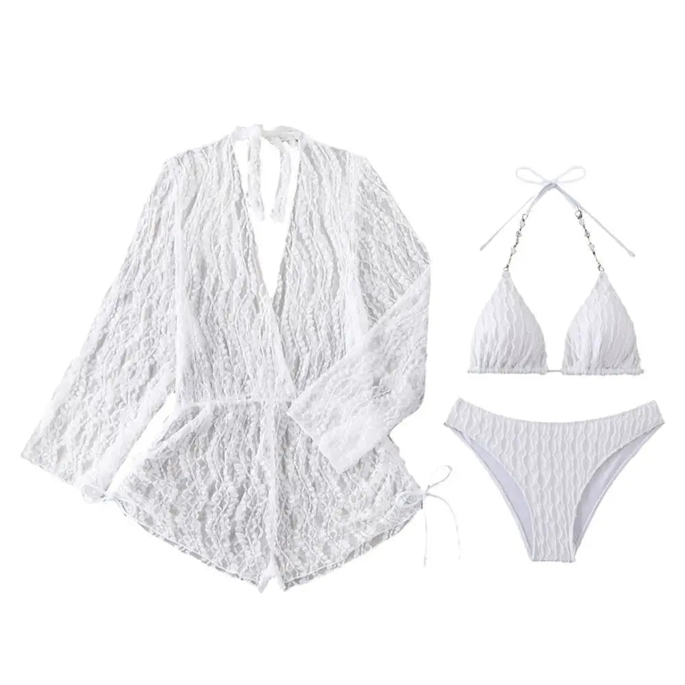 Crisp White Three-Piece String Bikini Set with Sheer Lace Long-Sleeve Cover-Up