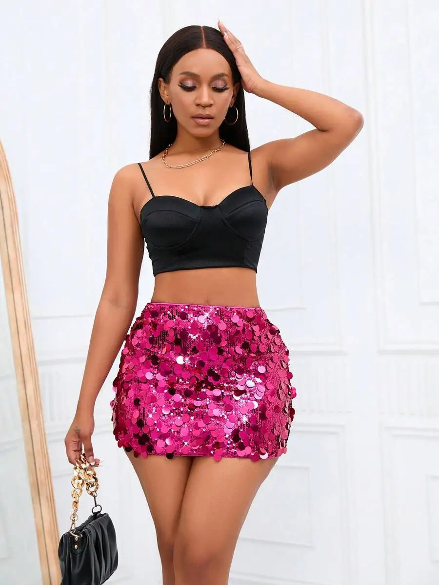 Stretch Sequin Bodycon Mini Skirt with High Shine Party Silhouette