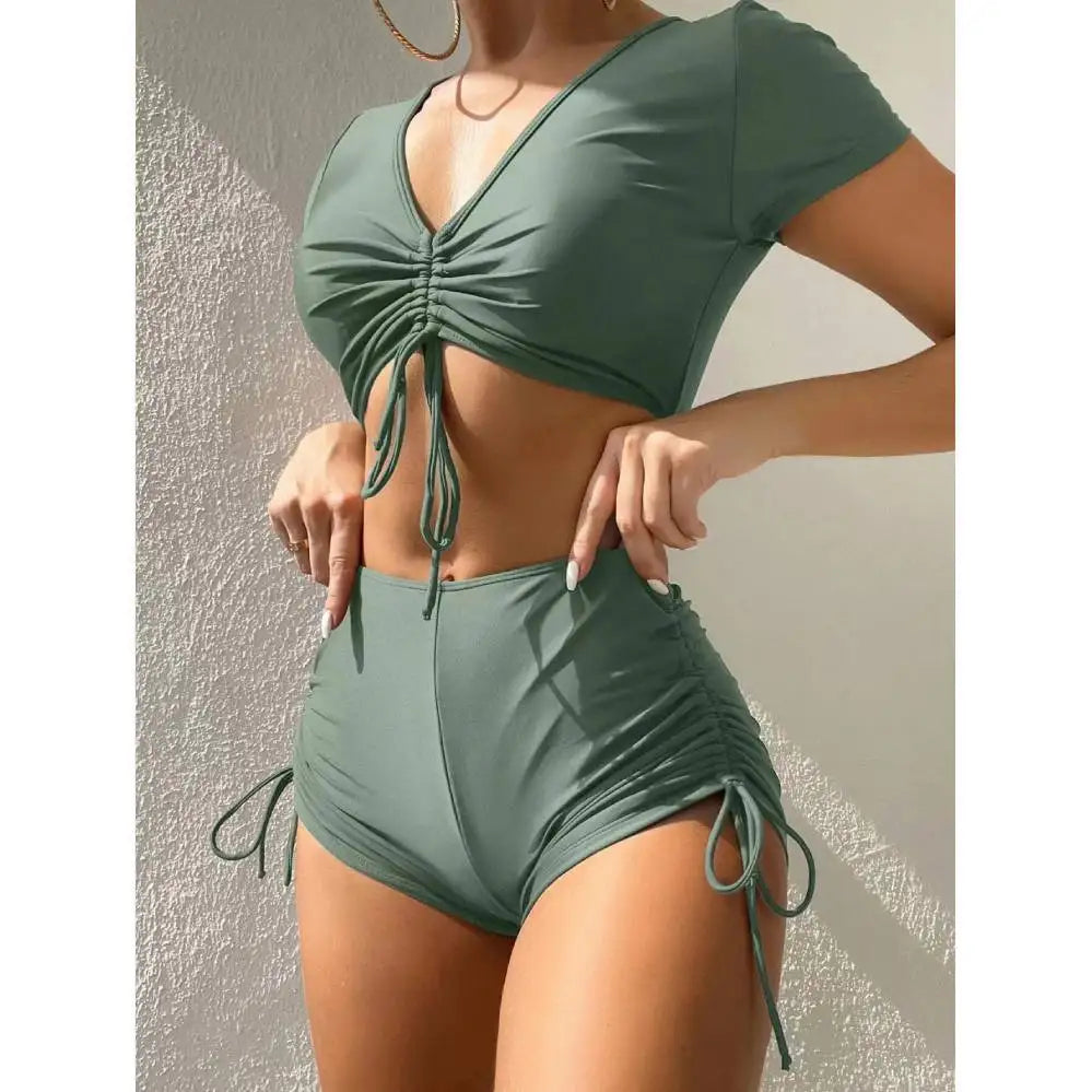 Brown High-Waisted Two-Piece Swim Set with Ruched Short-Sleeve Top