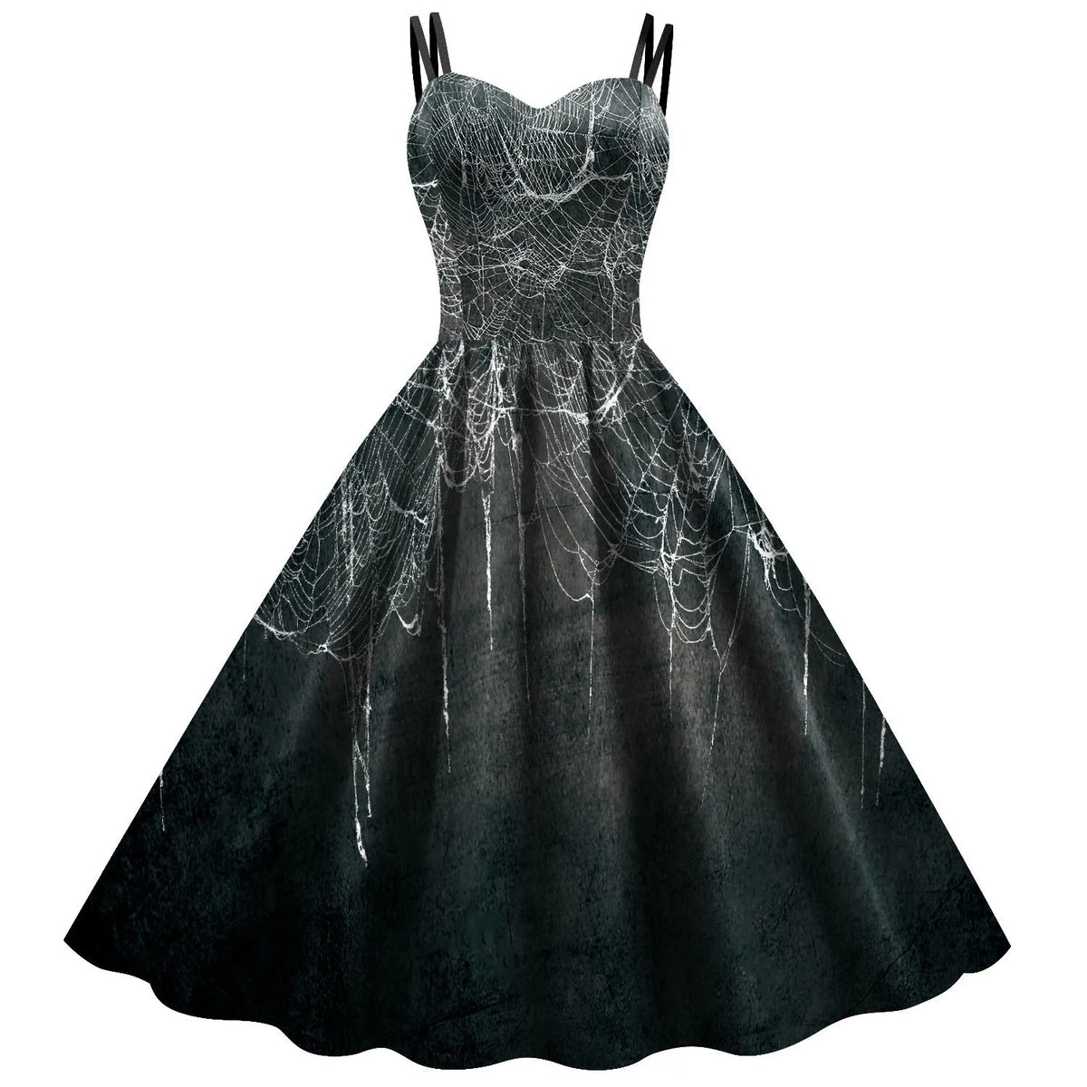 Retro 1950s Swing Dress with Sweetheart Neckline and Bat Print Motif