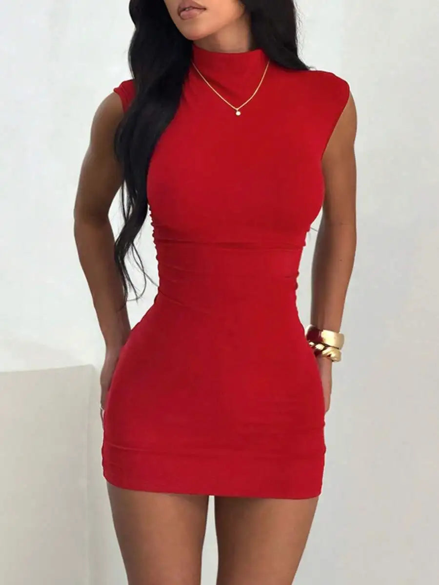 High Neck Sleeveless Bodycon Mini Dress With Sculpted Stretch Fit Design