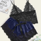 Romantic Sheer Black Lace Bralette and Blush Satin-Finish Shorts Sleep Set