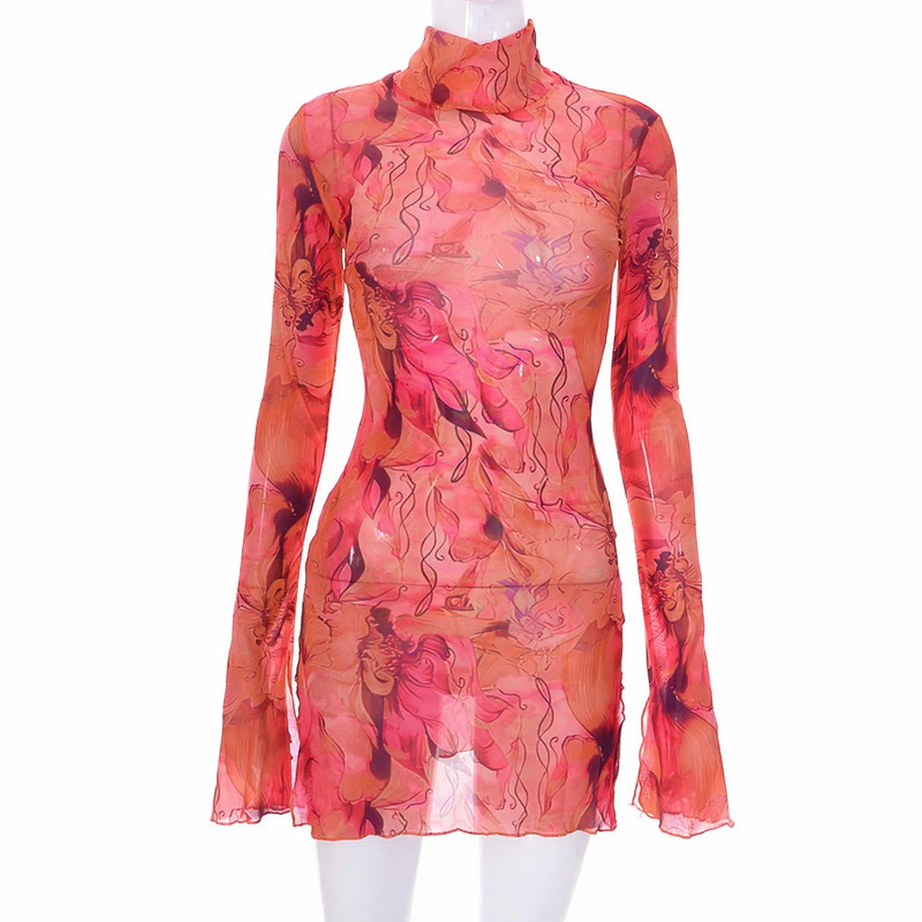 Abstract Mesh Bodycon Mini Dress with Bell Sleeves and Sheer Streetwear Styling