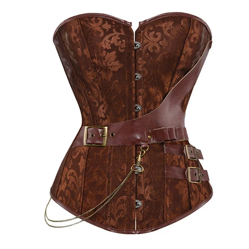 Steampunk Brown Jacquard Overbust Corset with Faux Leather Belt Detailing